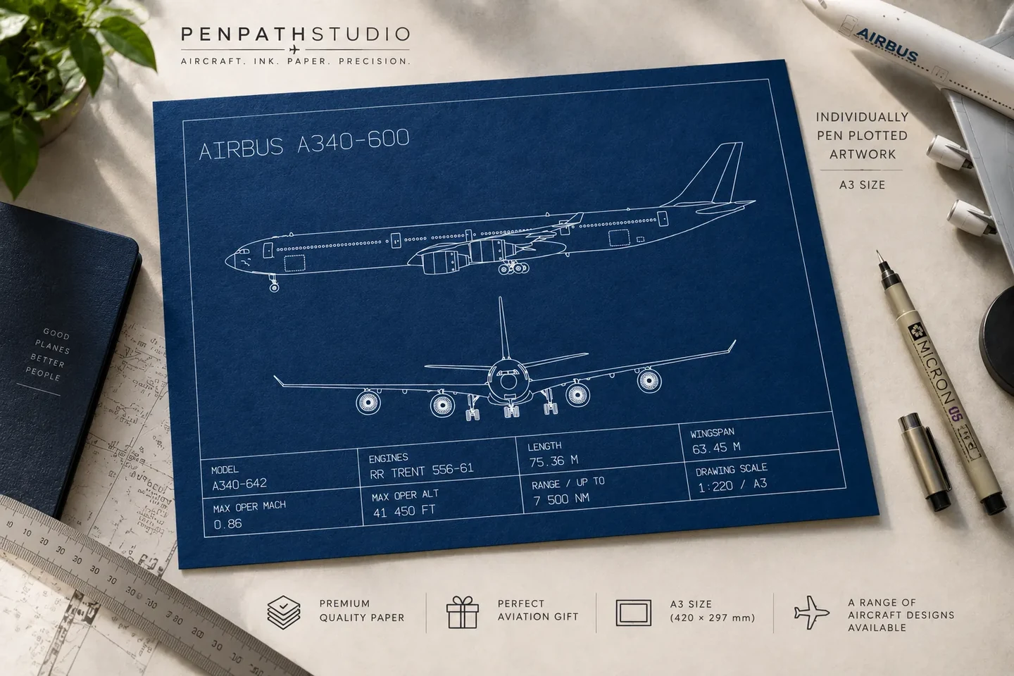 A PenPath Airbus A340 aircraft blueprint print on blueprint paper