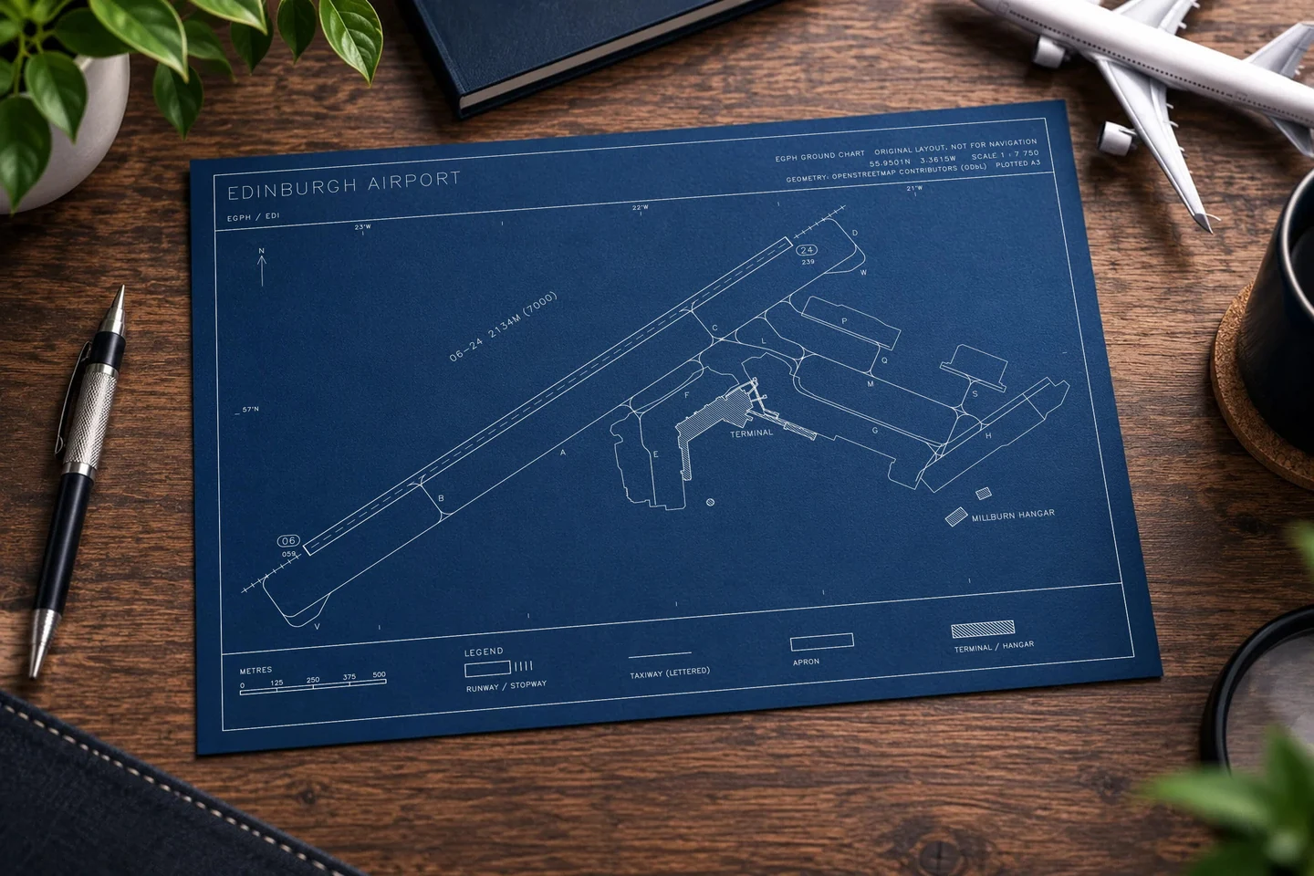 A PenPath Edinburgh Airport ground chart printed on blueprint paper
