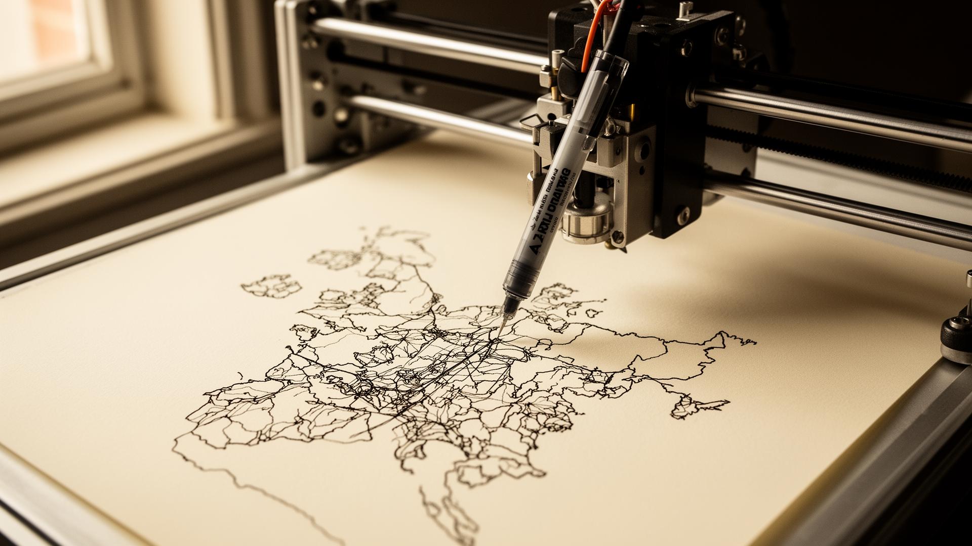 Close-up of the AxiDraw pen plotter mid-stroke.