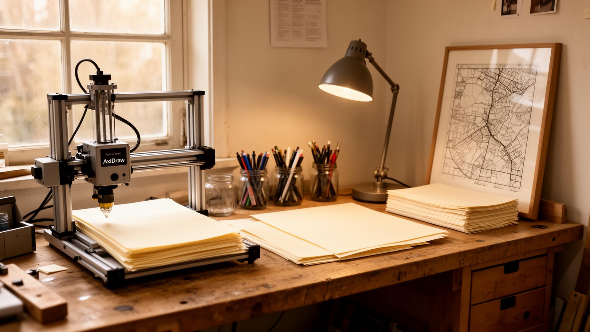 A studio bench with an AxiDraw plotter, jars of pens and stacked paper.