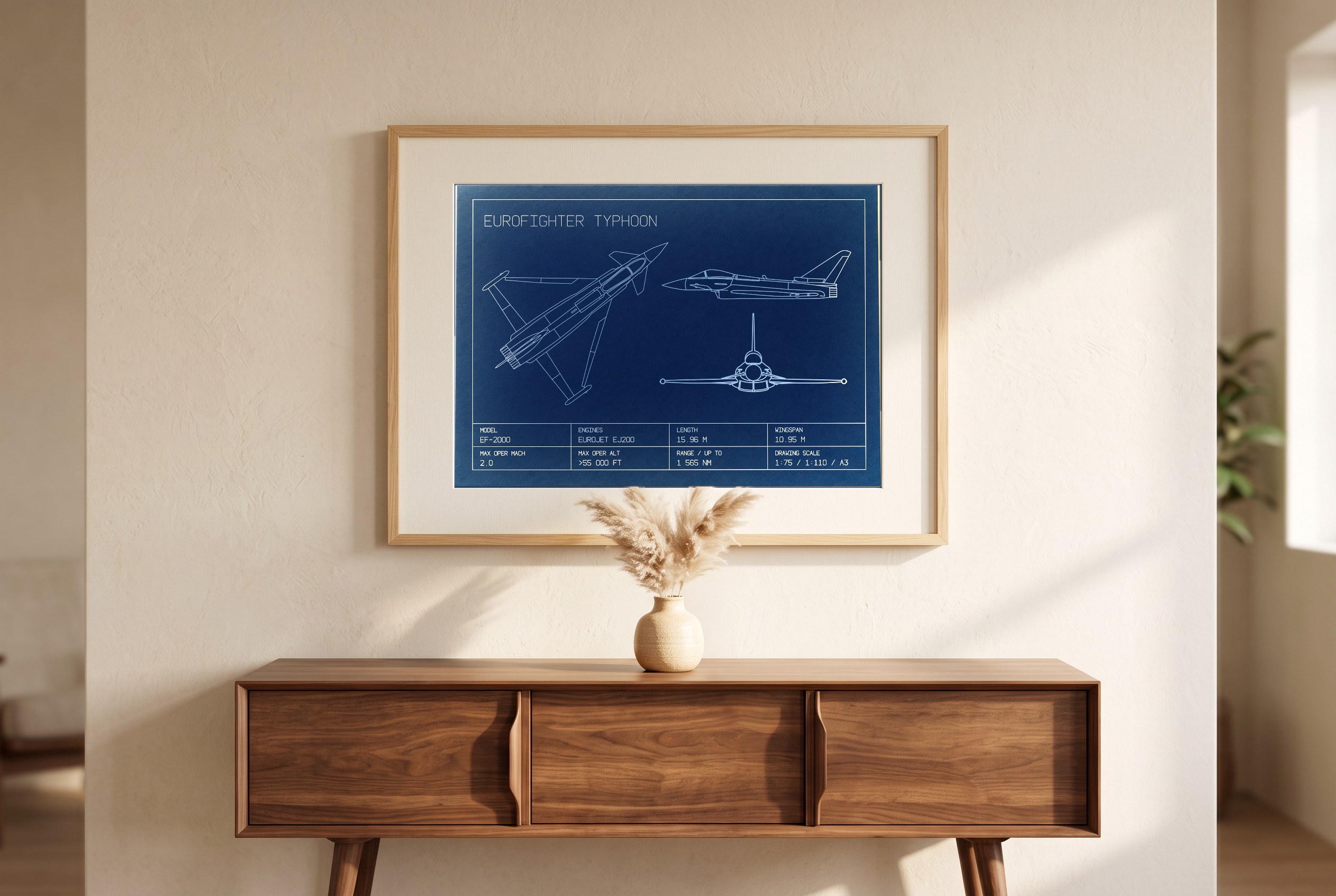 A framed PenPath Eurofighter Typhoon blueprint print hanging above a walnut sideboard
